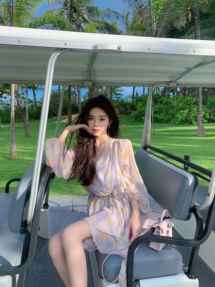 Summer New Sweet Chiffon Mini Dress Beach Party Vneck Mini Dress One Piece Dress Korean Clothing