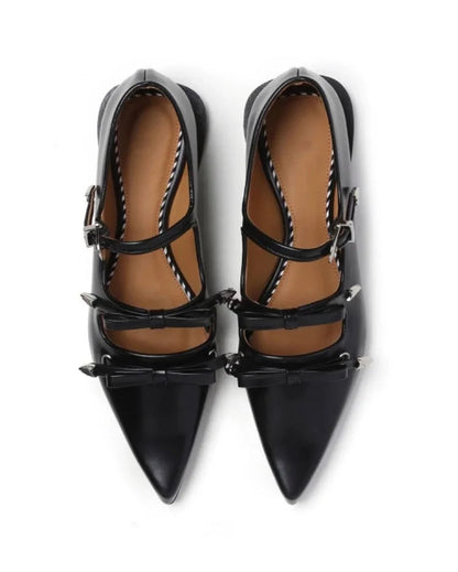 Japanese Metal Buckle Bow Mary Jane Shoes Sweet and Cool Pointed Leather Shallow Flat Shoes