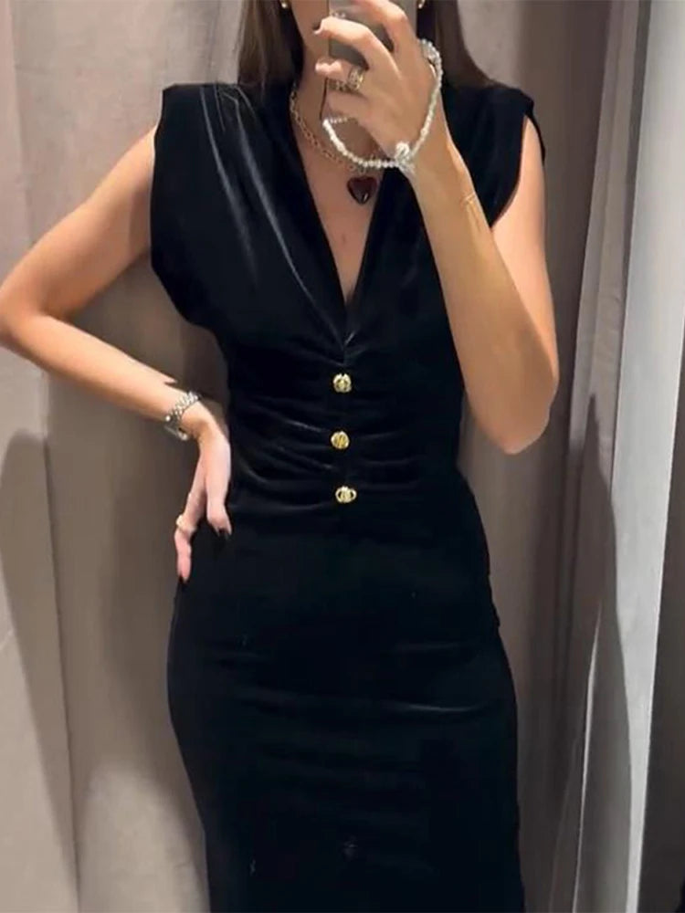Velvet V-neck Pleated Long Dresses Slim Black Single Metal Breasted Sleeveless Evening Dress Female