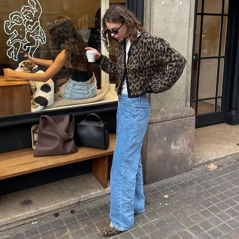 Leopard Print Knitted Mohair Cardigans O Neck Single Breasted Short Sweater Autumn New Lady