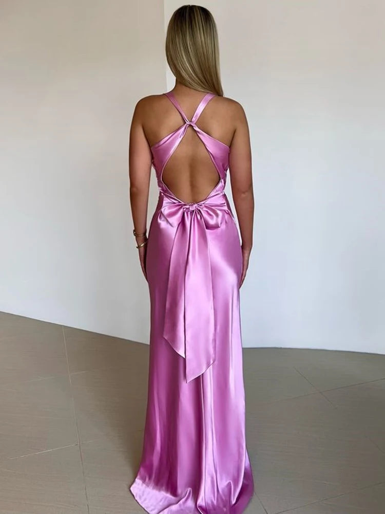 Satin Bow Backless Maxi Dress for Gown V Neck Sleeveless Club Party Evening Dress