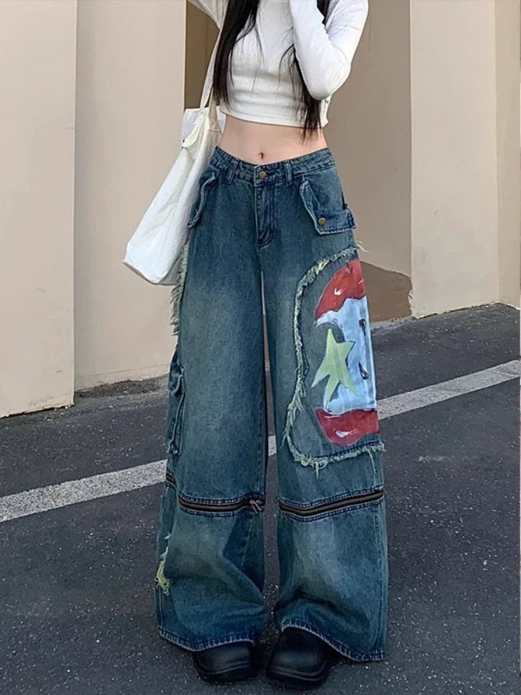 Blue Washed Cargo Jeans Ripped Wide Leg Denim Pants Zipper Oversized Y2k Hip Hop Graffiti Baggy Bottoms