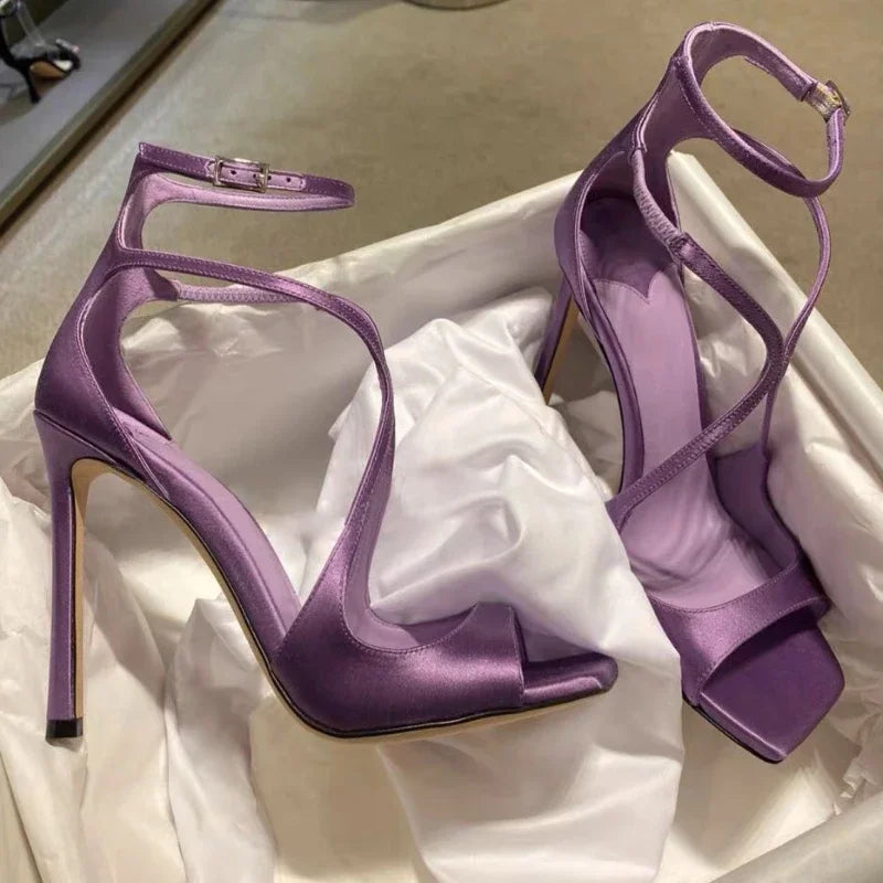 Silk Thin High Heels Brand Banquet Dress Shoes Open Toe Crosstied Pumps Designer Sandals Female