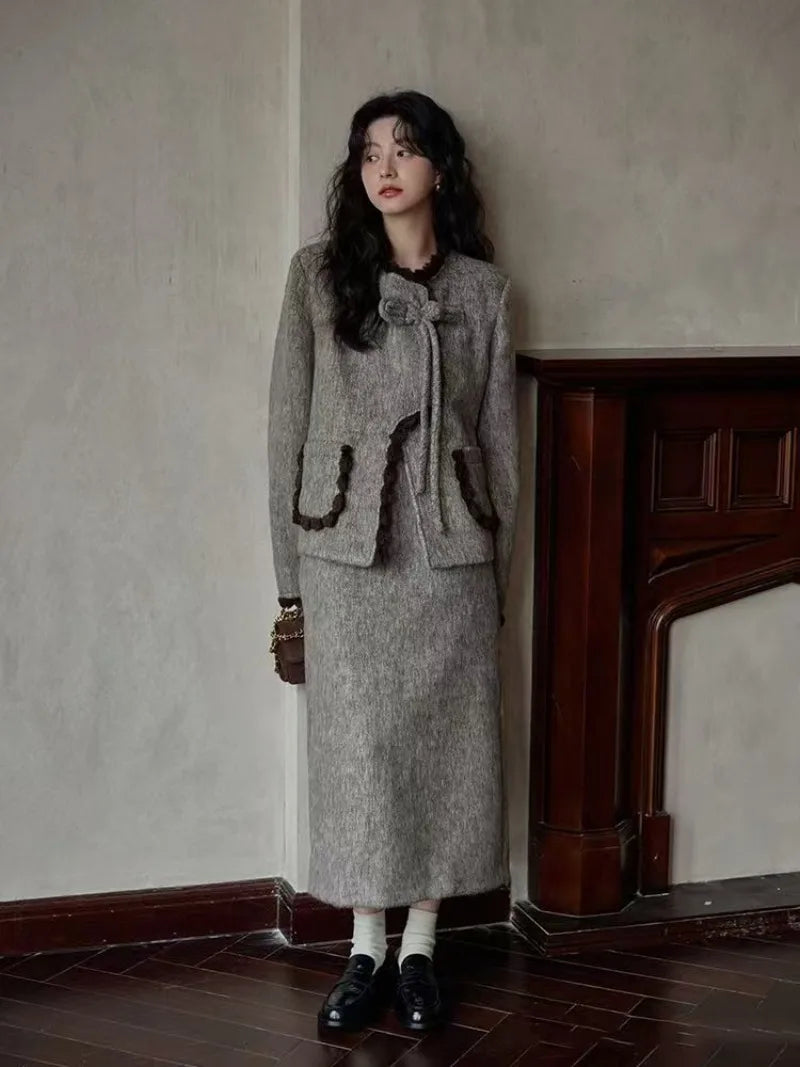 Sweet Hot Girl Suit Winter Oneck Longsleeved Coat High Waist Aline Skirt Twopiece Set Female Clothes