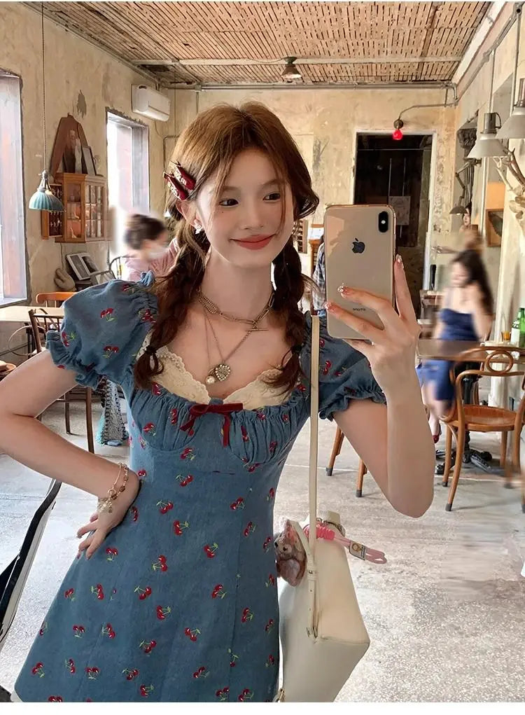 French Printing Mini Dress Japan Sweet Lace Summer One Piece Dress Fairy Evening Party Denim Dresses