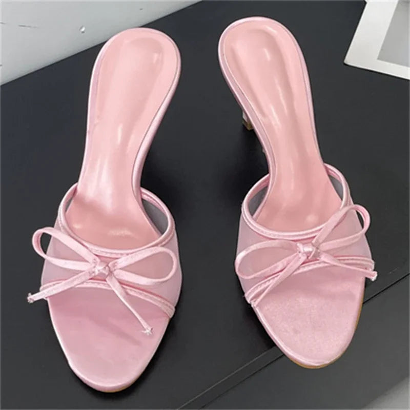 Summer Butterflyknot Breathable Holes Mesh Open Toe Woman Slippers Thin High Heels Party Dress Shoes