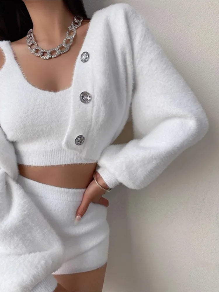 ’s 3-piece Set Korea Style White Cardigan Furry Single-breasted Button Tank Top Knitted Sweater Jumper Shorts Pants Set