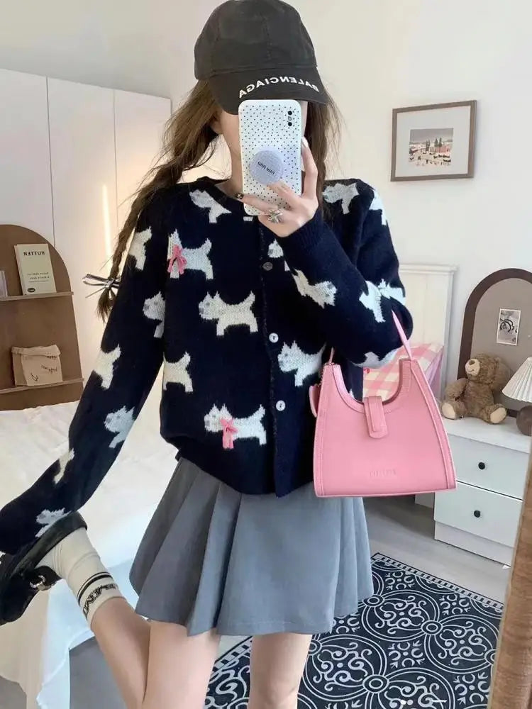 Korean Sweet Blue Gray Print Bow Button Sweater Round Neck Cardigans Long Sleeve Knitwear Tops Autumn Winter Clothing