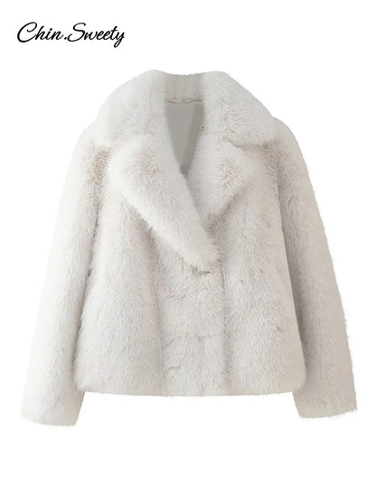 Fluffy Faux Fur Coat Loose Lapel Plush Long Sleeve Buckle Thick Jacket Autumn Winter Warm Overcoat New