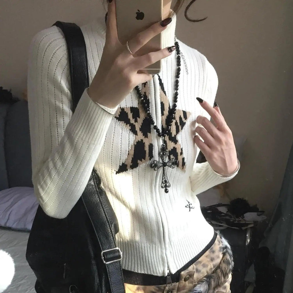 New Leopard Star Jacquard High Collar Zipper Sweater Coat Top American Retro Beige Slim Knitted Cardigan Top