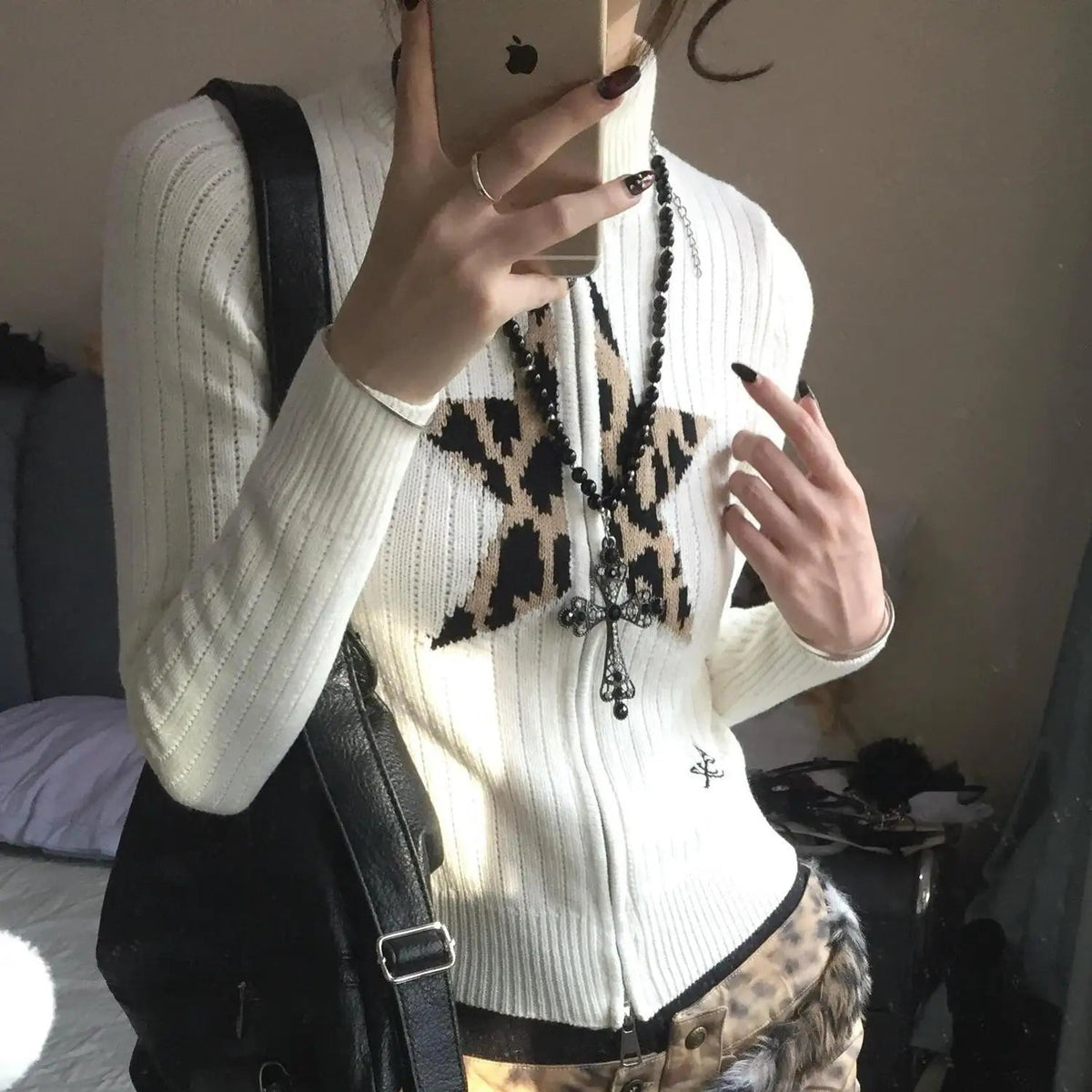 New Leopard Star Jacquard High Collar Zipper Sweater Coat Top American Retro Beige Slim Knitted Cardigan Top