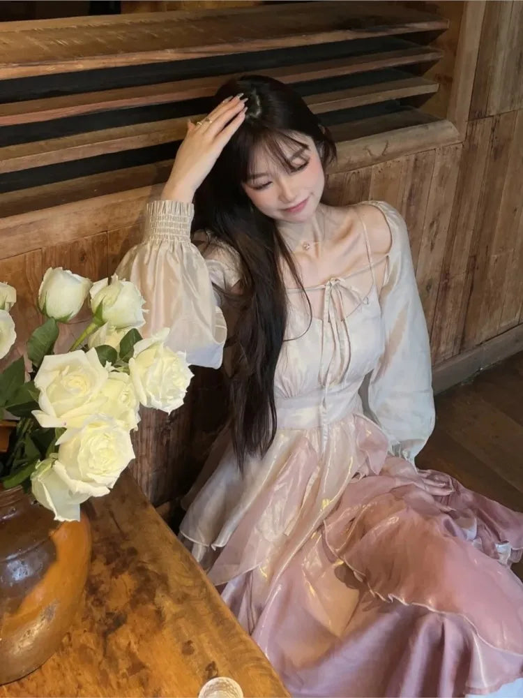Summer French Evening Party Midi Dress Pink Korean Style Sweet Dress Female Bubble Sleeve Fairy Dress