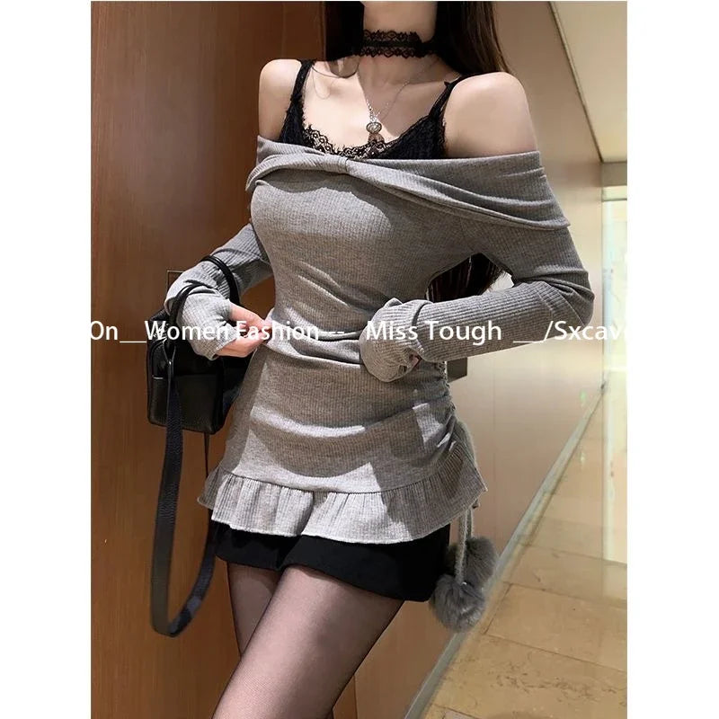 2 Piece Dress Sets Thin Y2k Knitted Sweater + Strap Black Dress Evening Party Clothing Korean Suits
