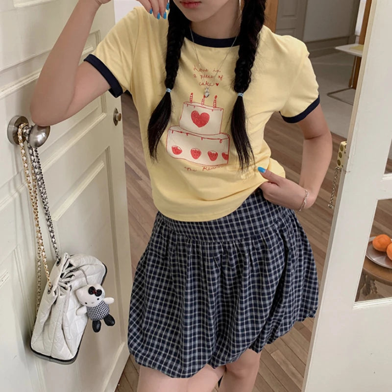 Korean Contrast Color Plaid Sweet Bud Skirt Summer New High Waist Loose Pleated Mini Skirt