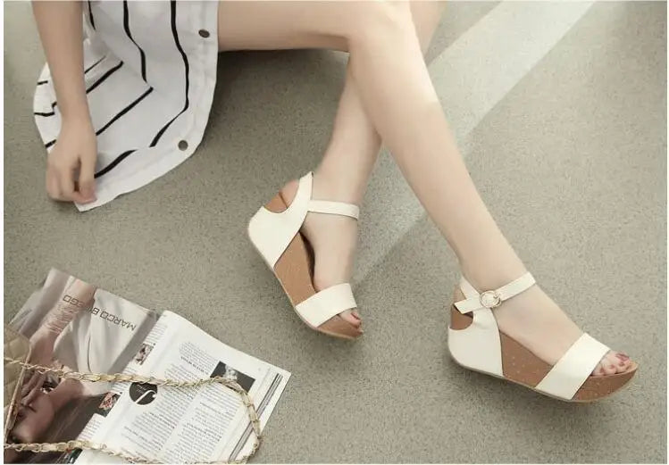 Summer New Genuine Horsehair Highheeled Thicksoled Leopardprint Roman Slopeheeled Sandals 32 33 Small Size Shoes