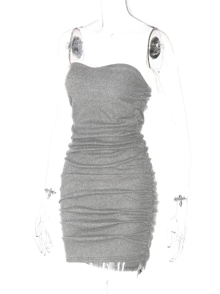 Black Glitter Bright Silk Dress Strapless Ruched Bodycon Dress Summer Sleeveless Tight Mini Dress Party Club Outfits