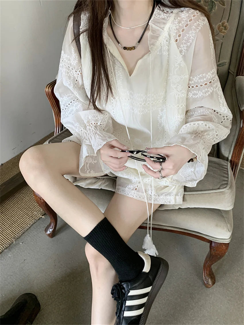White Suits Hollow Out Flare Full Sleeve Blouses Summer Office Wear Sweet New Ol Wide Leg Loose Shorts