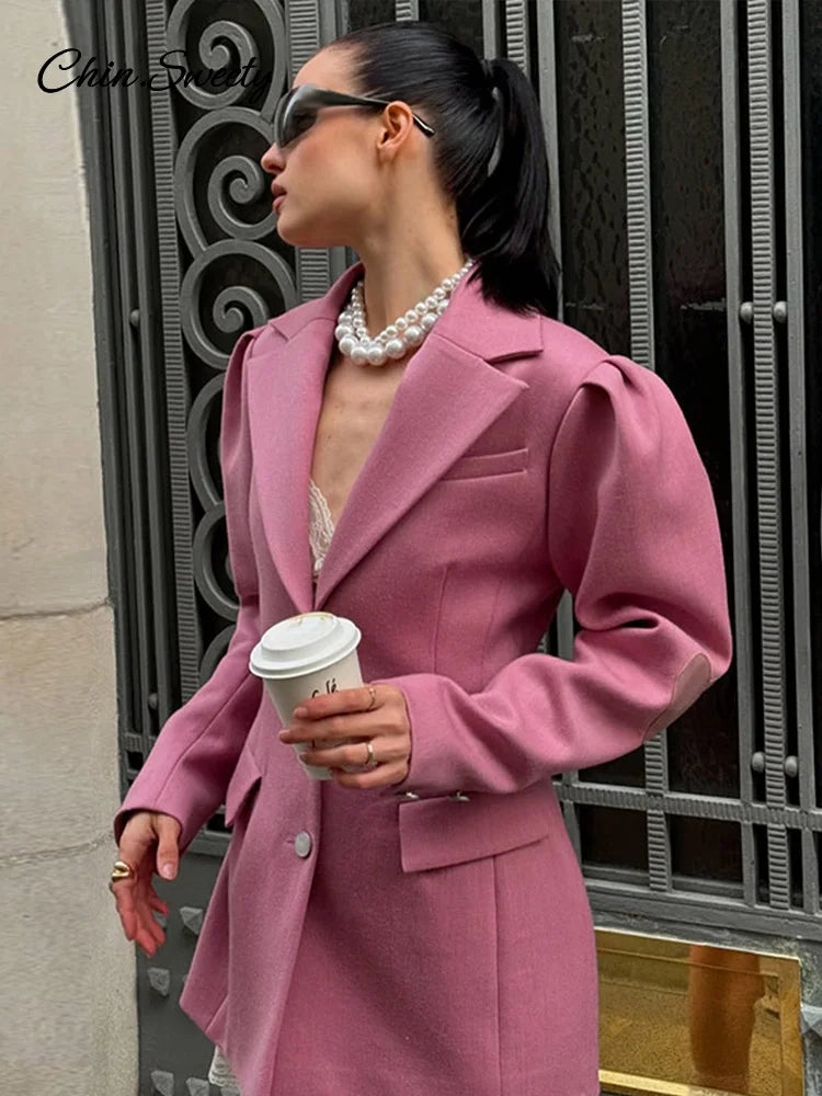 ’s Puff Sleeve Blazer Slim Lapel Single Breasted Cinched Waist Female Jacket Spring Lady High Street Outwears