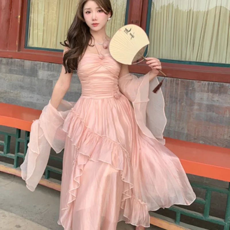 Summer French Midi Dresses Folds Ruffle Party Prom Robe Fairycore Neck Mounted New Dress