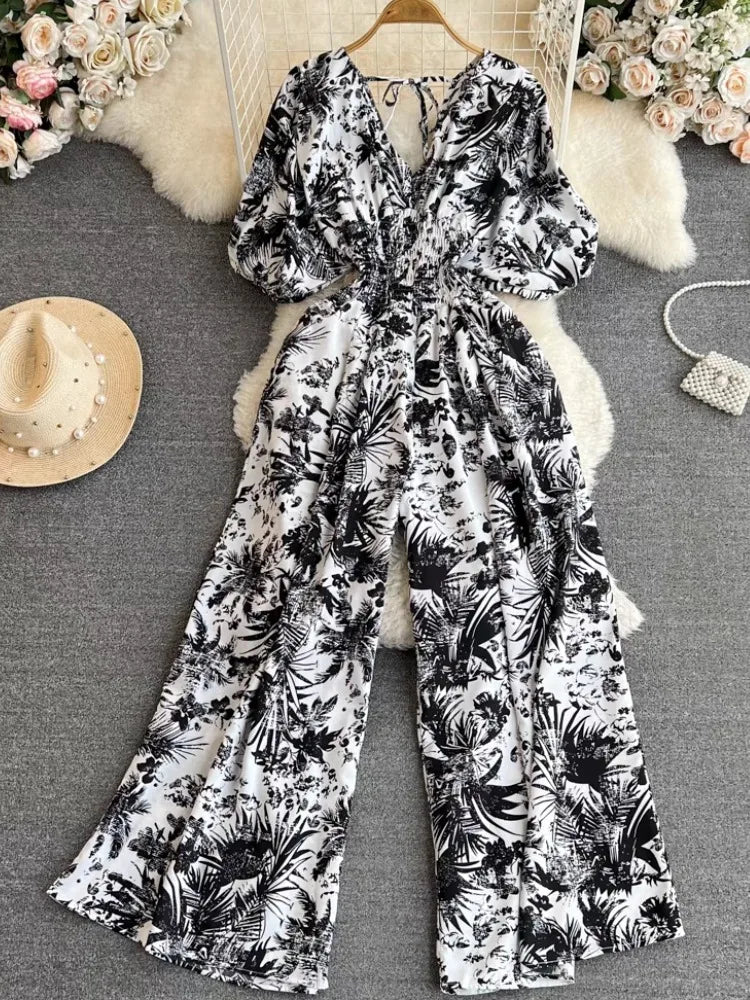 Print Puff Sleeve V Neck Jumpsuits Summer New High Waist One Piece Female Straight Wide Leg Pants
