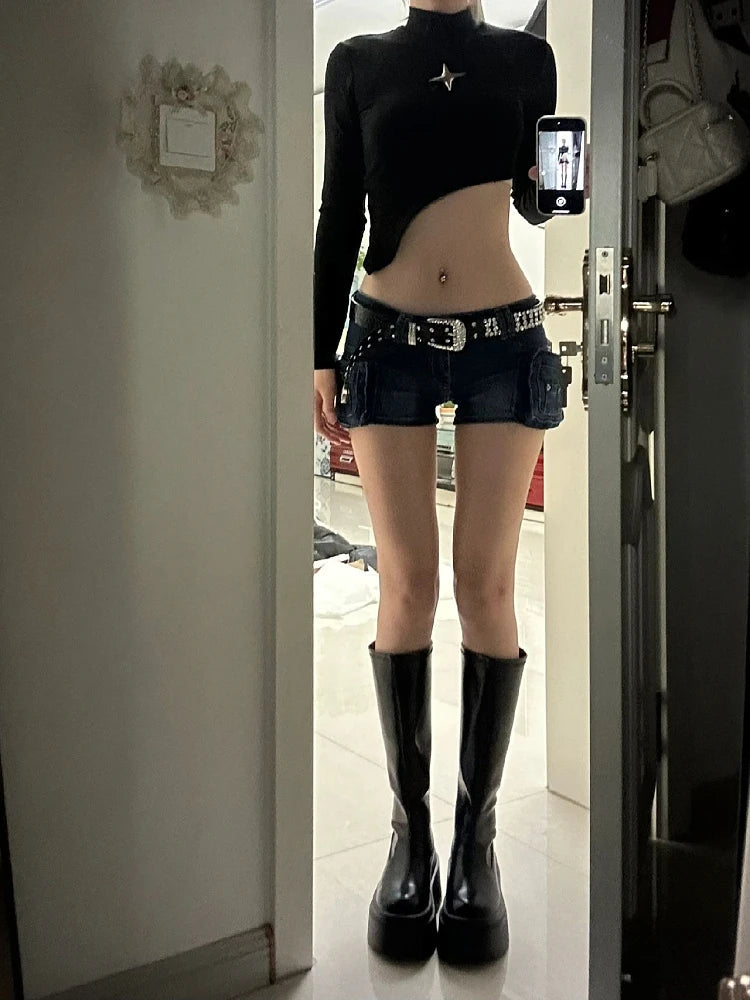 Woman Hot Slim Pants Low Waist Jean Color Wash Shorts Denim Shorts With Belt Classical Gyaru Dark Academia