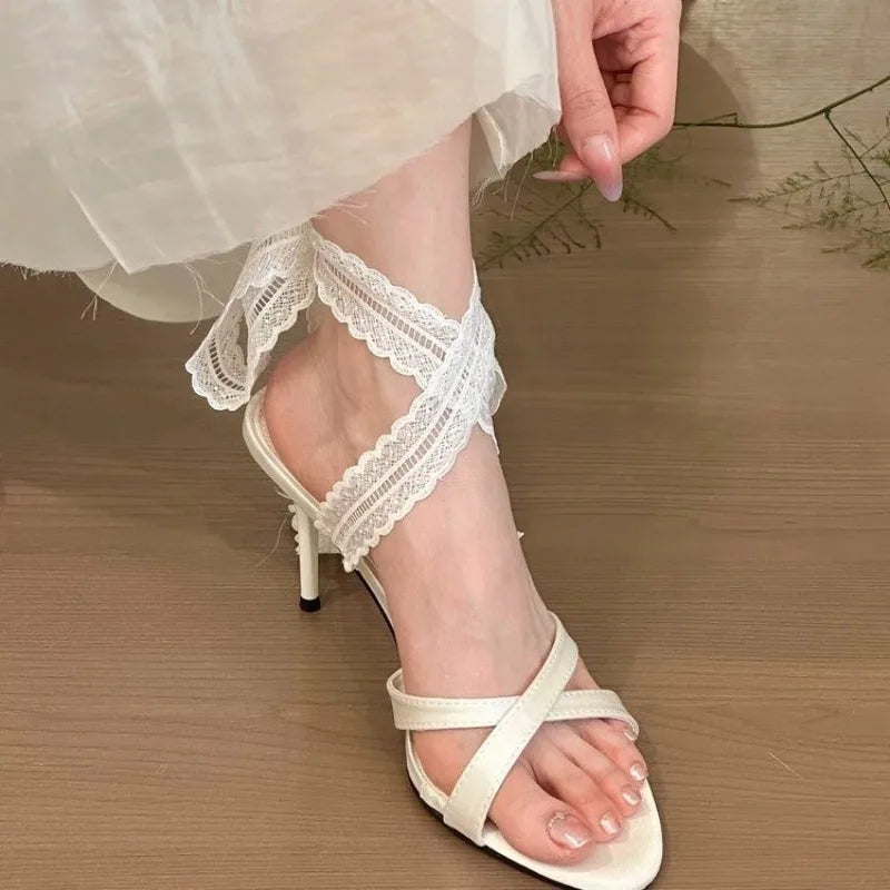 Lace Pointed Toe Heeled Sandals Stilettos Shoes Woman Slippers Slingback Summer Dress Pumps Zapatillas