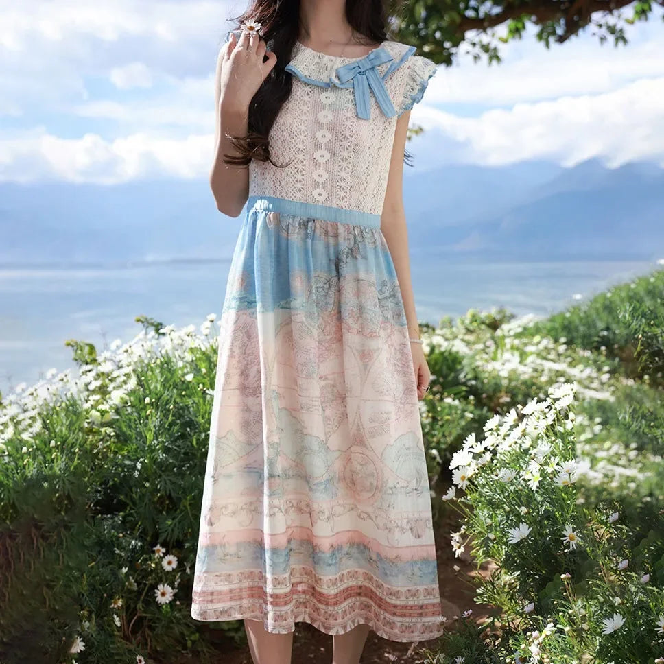 Sweet Oil Painting Style Dress for Summer New Atmosphere Bow Lace Round Neck Aline Party Long Dresses