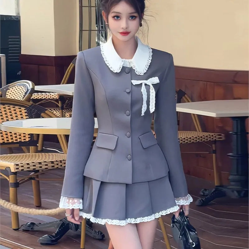 Two-piece Skirt Set Long Sleeve Single Breasted Blazer Coat Lace Pleated Mini Skirt Autumn Korean Outfits