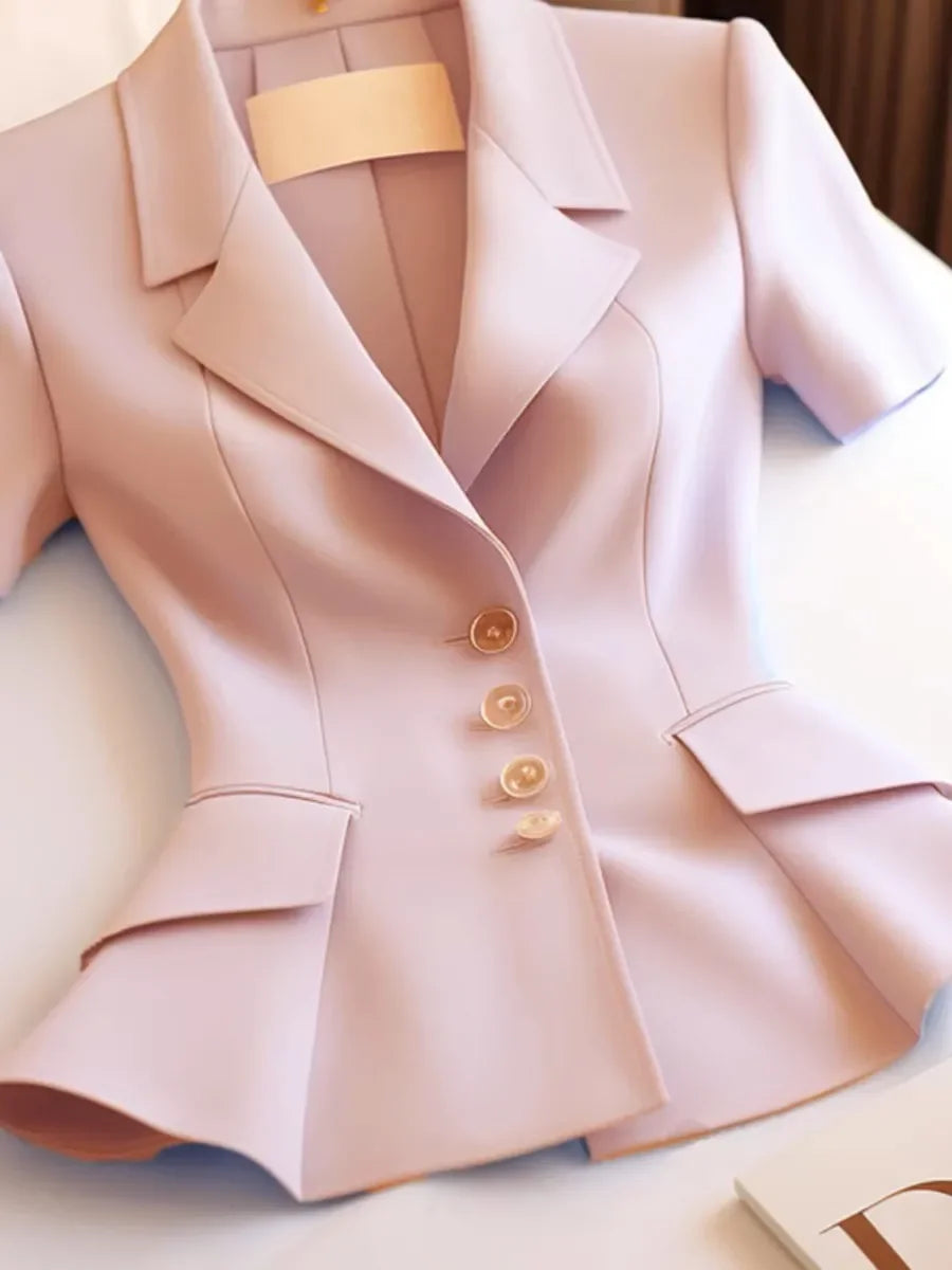 French Highend Suit Coat Summer New Waist Cinching Slimming Commuter Short Sleeve Pink Blazer Tops