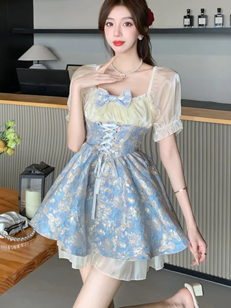 French Sweet Mini Dress for Bow Short Sleeves Laceup Princess Birthday Party Short Dresses Aline Vestidos