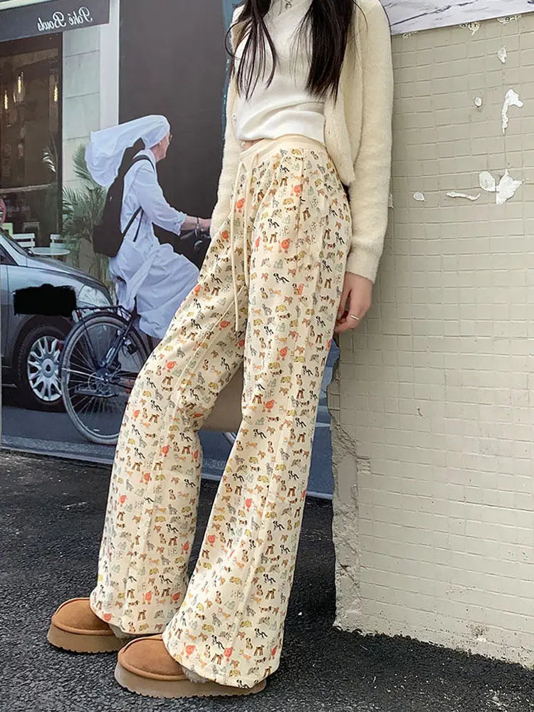 Puppy Print Sweat Y2k Pants Female Autumn Winter Plus Fleece High Waisted Slim Rope Flared Straight Leg Pants