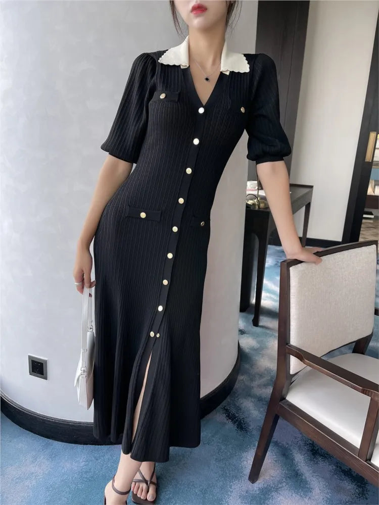 Autumn Knitted Dresses for Patchwork V-neck Puff Sleeve Single Breasted Midi Dress Vestidos Femme