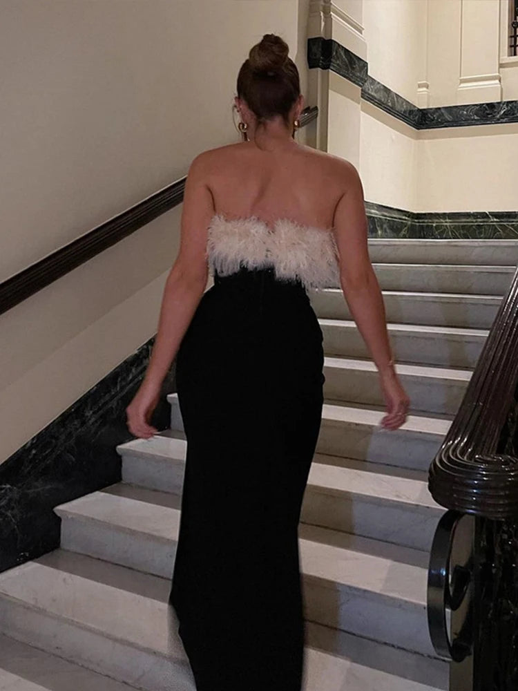 Plush Off Shoulder Long Dresses Black Slit Slim Fit Sleeveless Evening Dress Female Spring Street Party
