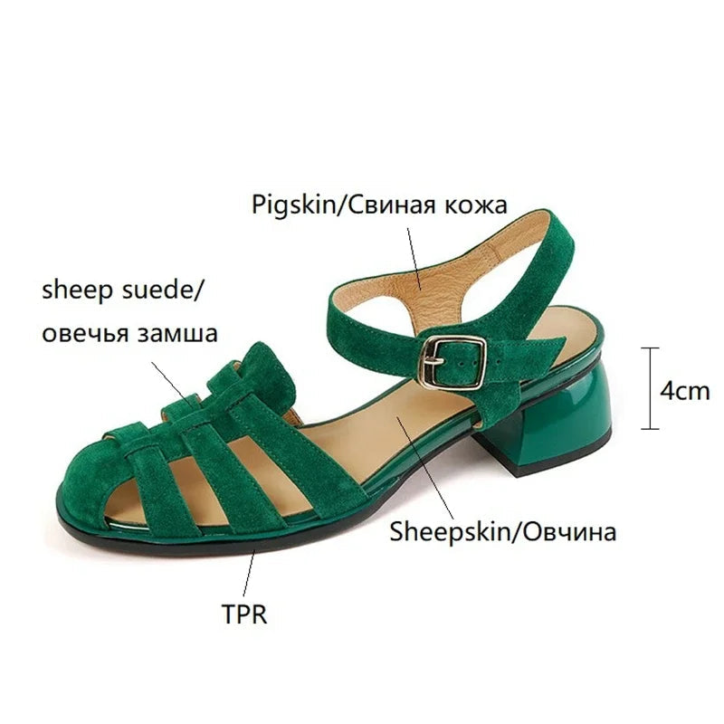 New Summer Sandals Sheep Suede Leather Shoes for Round Toe Chunky Heel Shoes Cover Toe Sandals Gladiator Shoes