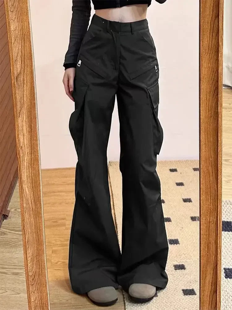 Grey Flare Cargo Sweatpants Y2k Harajuku Baggy Zipper Korean Style Wide Leg Pants Trousers
