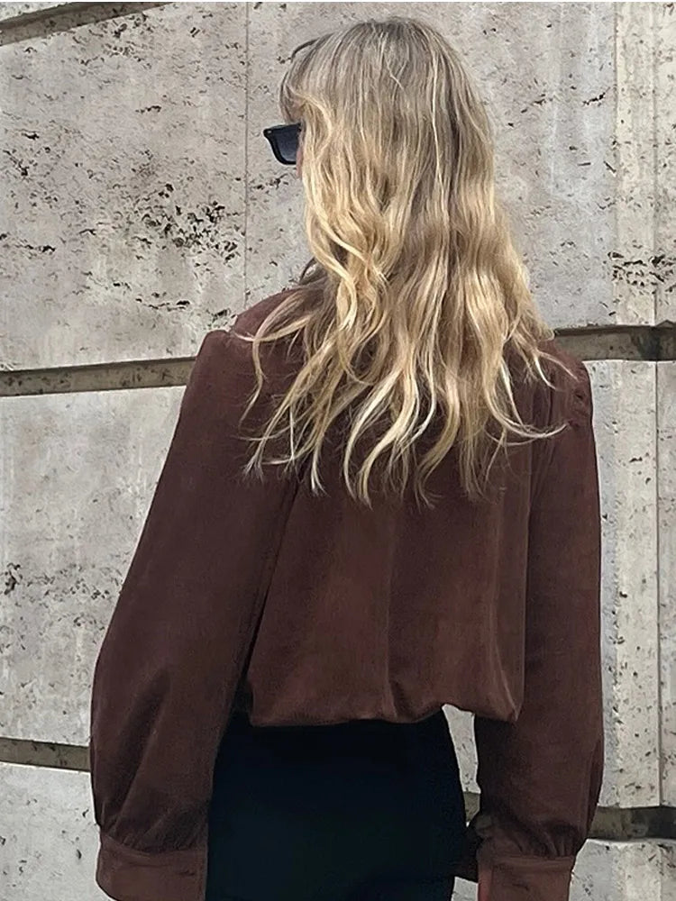 Retro Brown Suede Short Jacket Stand Collar Full Sleeves Single Breasteds Loose Coats Autumn Lady Street Wear