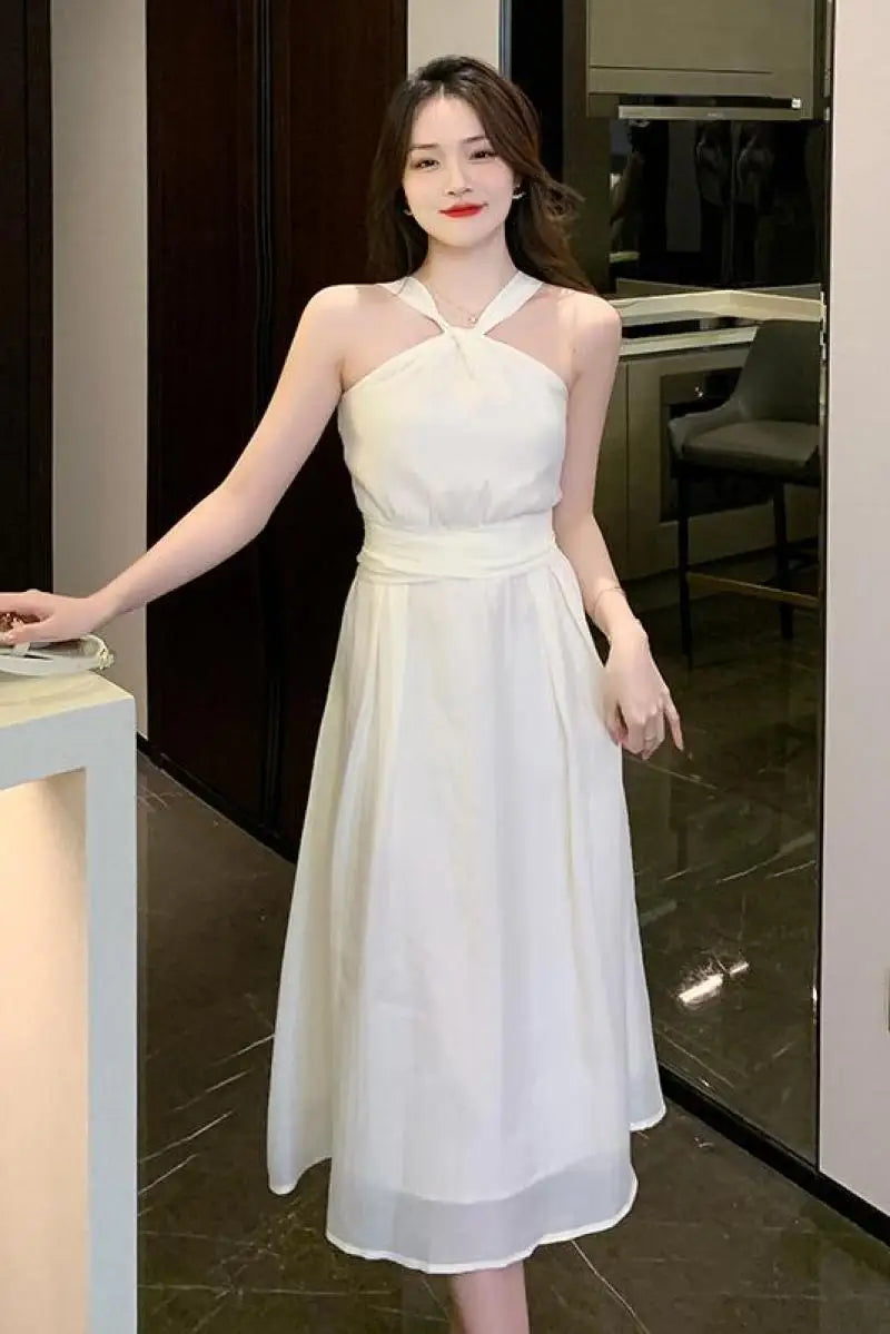 Beige Chiffon Dress Female Summer Slim Slim Thin Temperament French Senior Sense of Beach Hanging Neck Long Dress