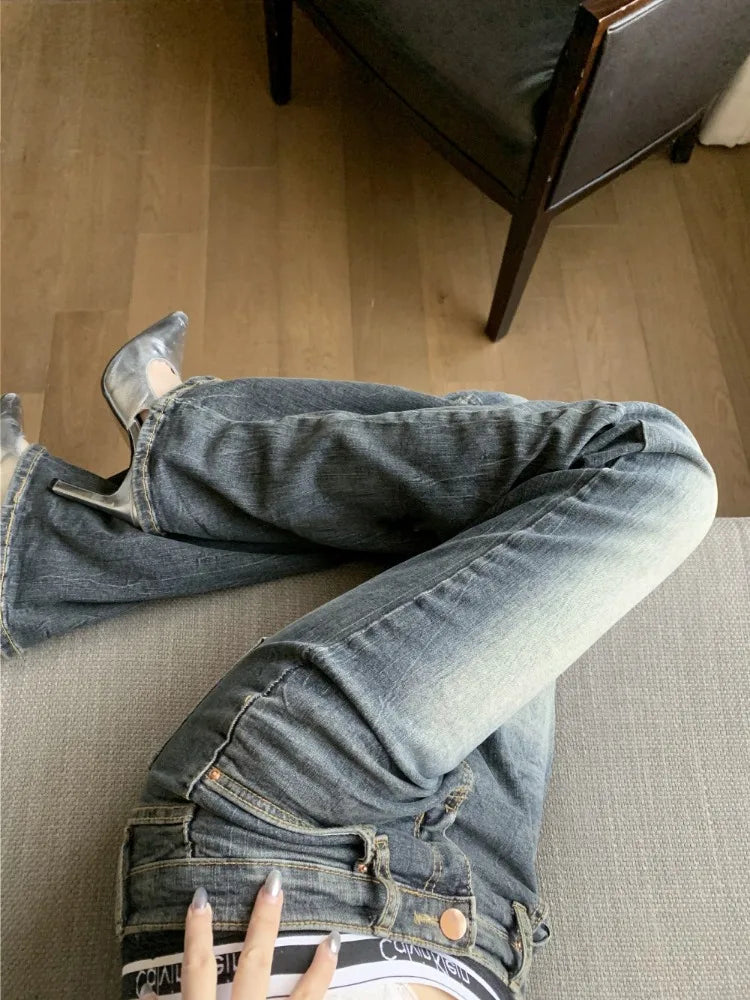 Y2k Coquette Low Rise Flared Jeans American Retro Grunge Popular Denim Pants 2000s 90s