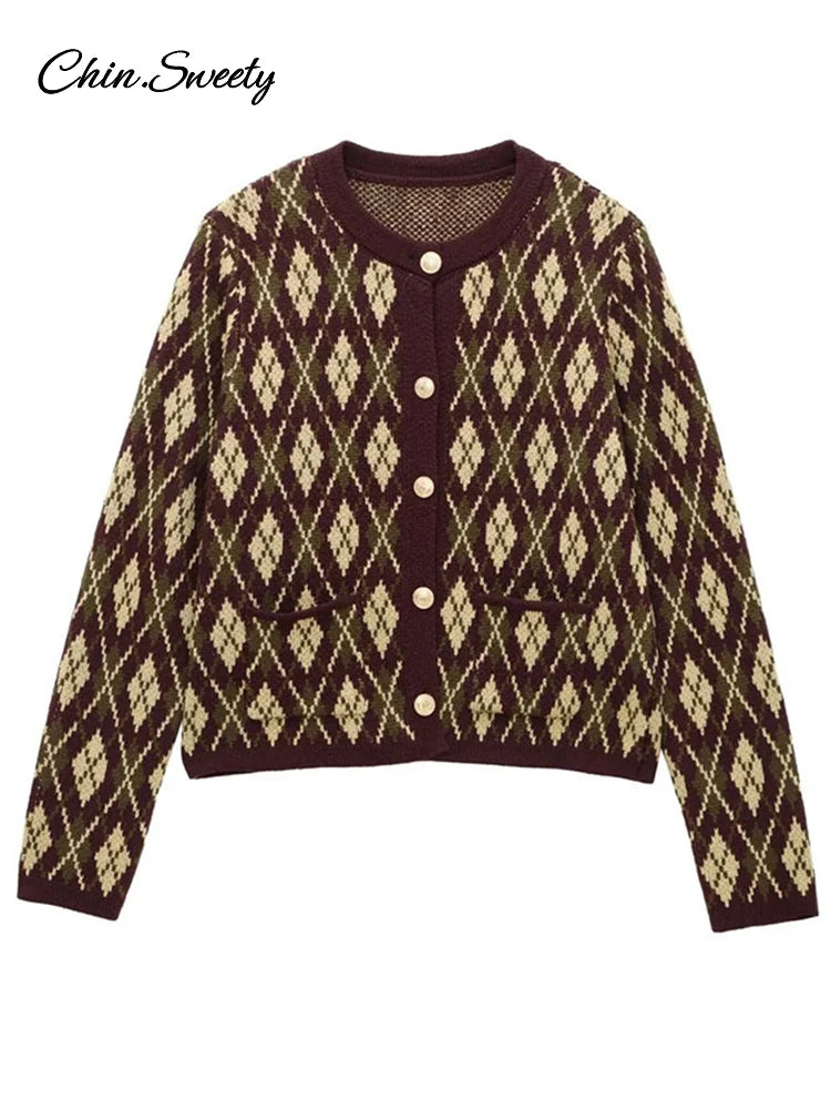 Plaid Knitted Slim Cardigan Autumn O-neck Long Sleeve Metal Button Short Sweater Coat Lady All-matching Knitwear New