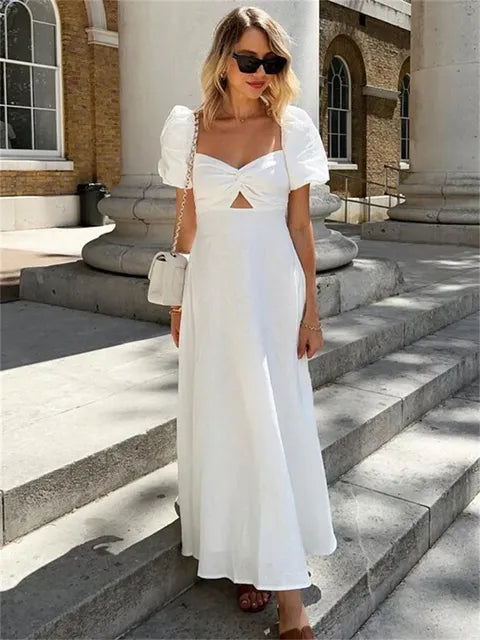 Square Neck Hollow Out White Long Dress for Twist Short Sleeve High Waist Autumn Party Dress ’s Clothes