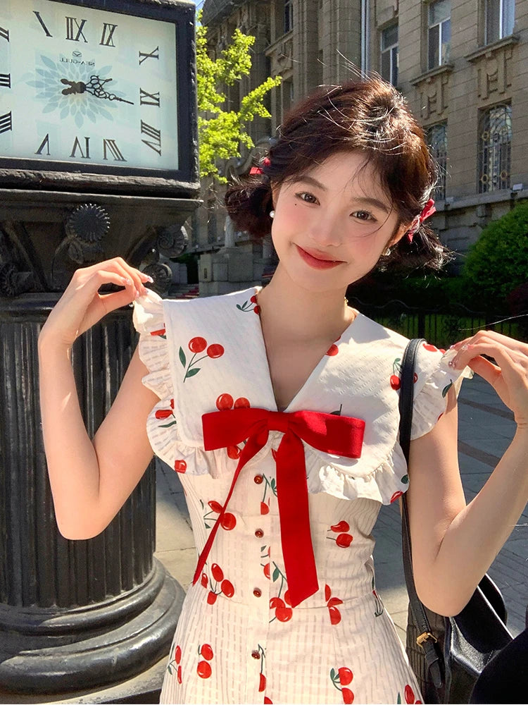 Summer Japanese Kawaii Party Dress Sweet Mini Dress Female Lace Korea Vneck Fairy Slim One Piece Dress
