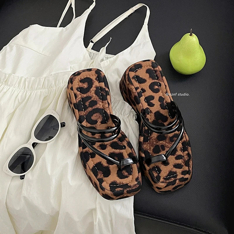 Summer Leopard Wedges Heel Slippers Clip Toe Dress Slide Shoes Thick Bottom Flip Flop