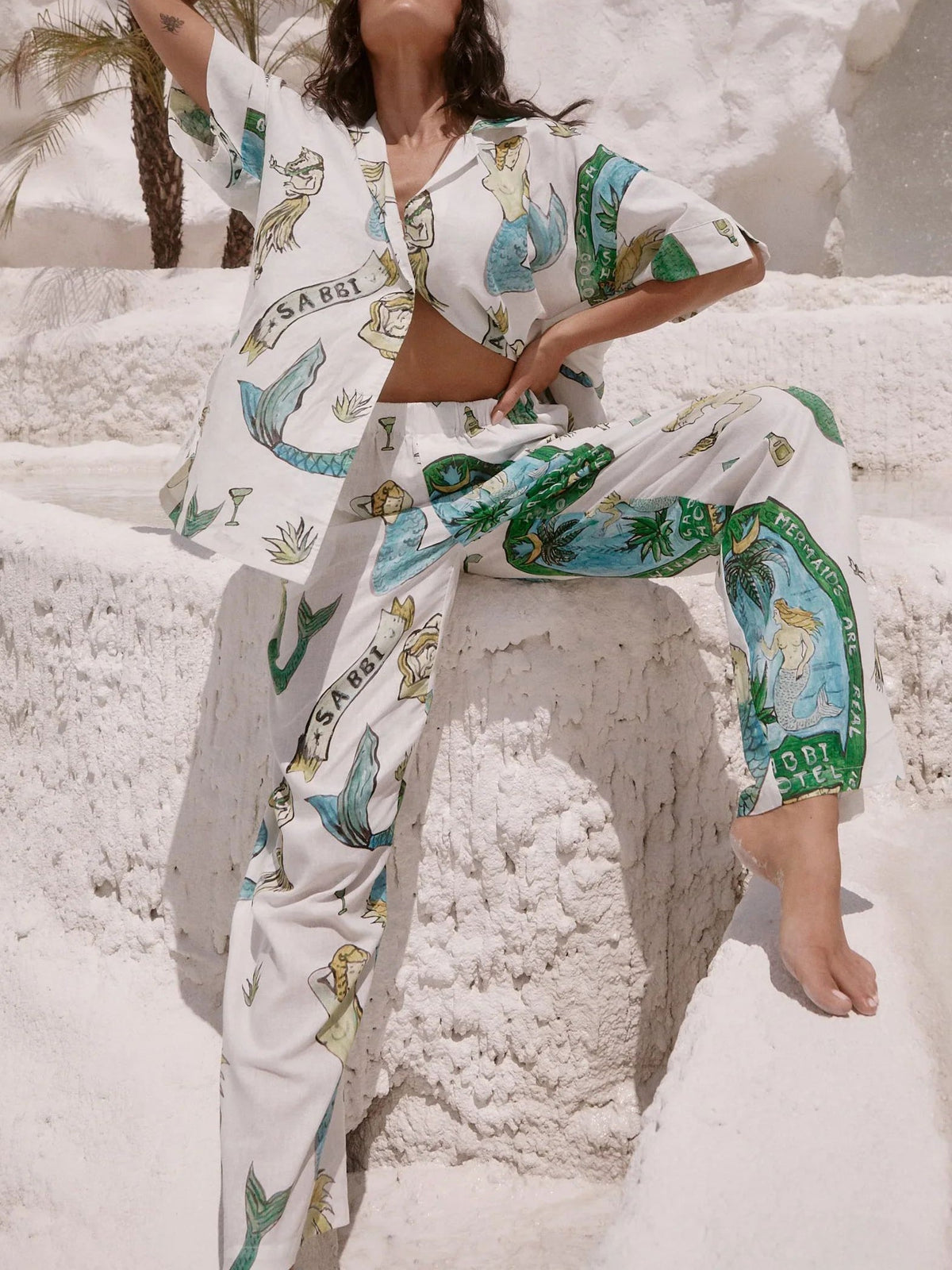 Mermaid Print Short-sleeved Shirt and Wide-leg Pants Two-piece Set