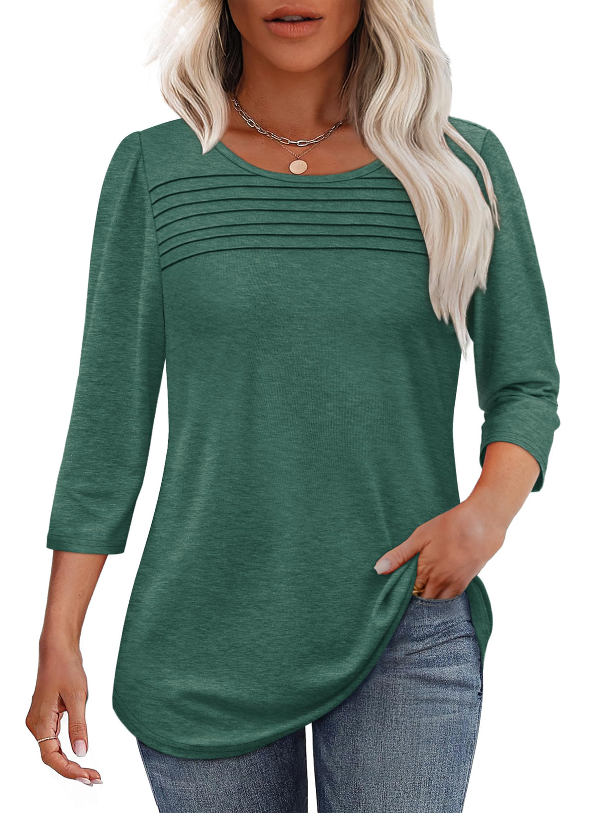 3/4 Length Sleeve Top Pleated Front T-shirt