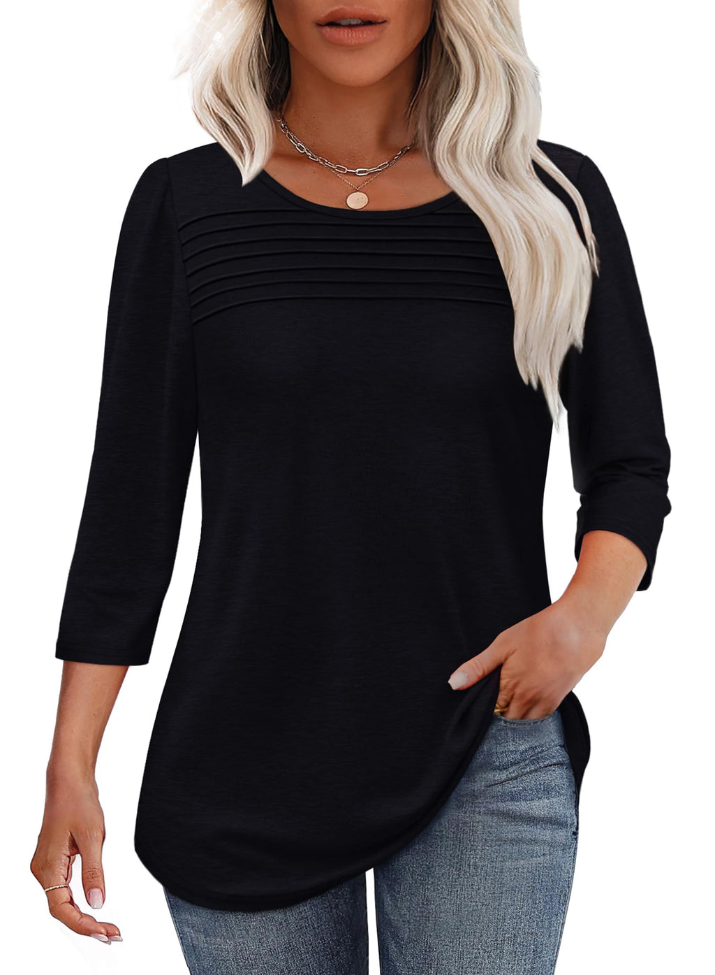 3/4 Length Sleeve Top Pleated Front T-shirt