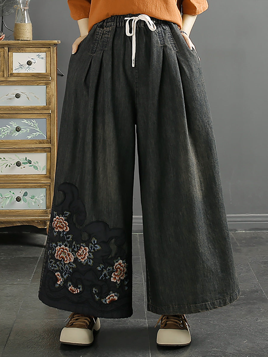 Summer Koi Embroidery Wide-leg Denim Pants Co1049