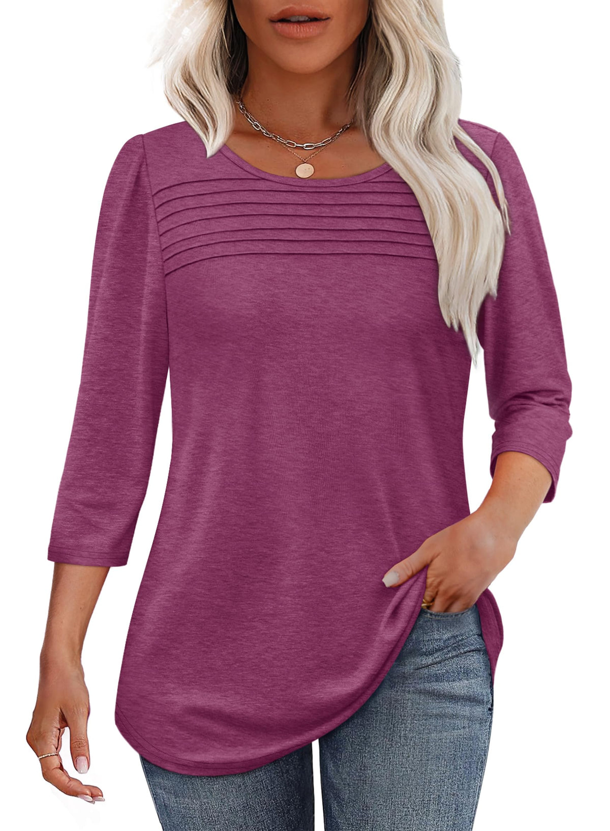 3/4 Length Sleeve Top Pleated Front T-shirt