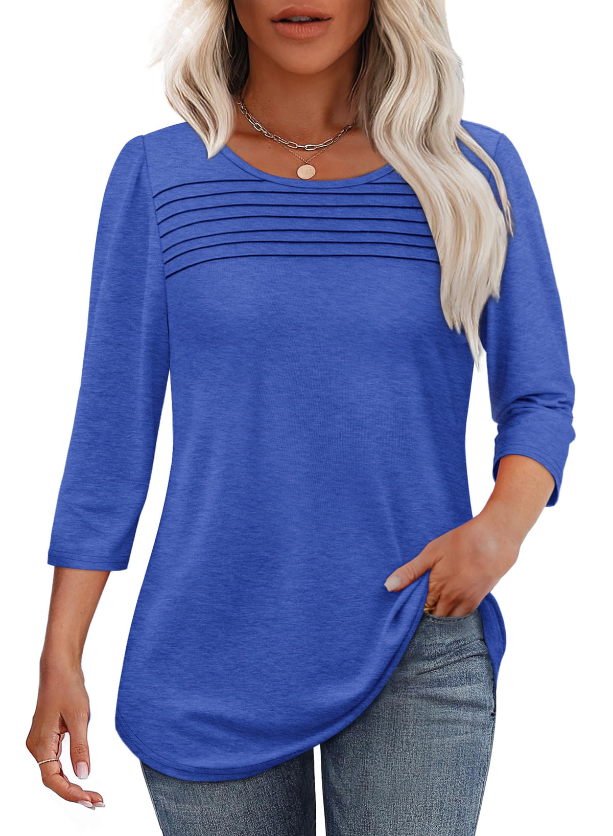 3/4 Length Sleeve Top Pleated Front T-shirt