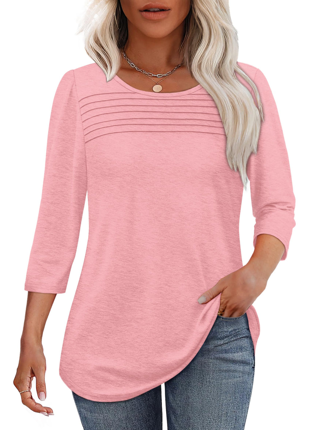 3/4 Length Sleeve Top Pleated Front T-shirt