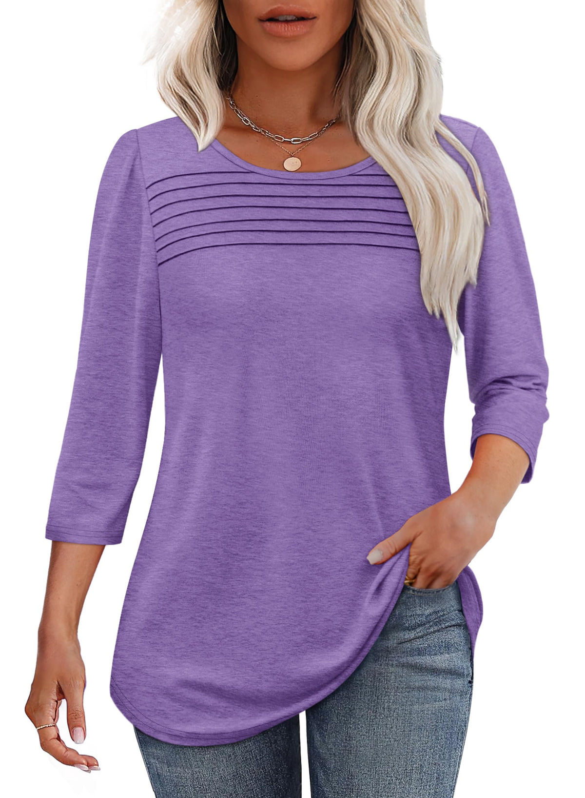 3/4 Length Sleeve Top Pleated Front T-shirt